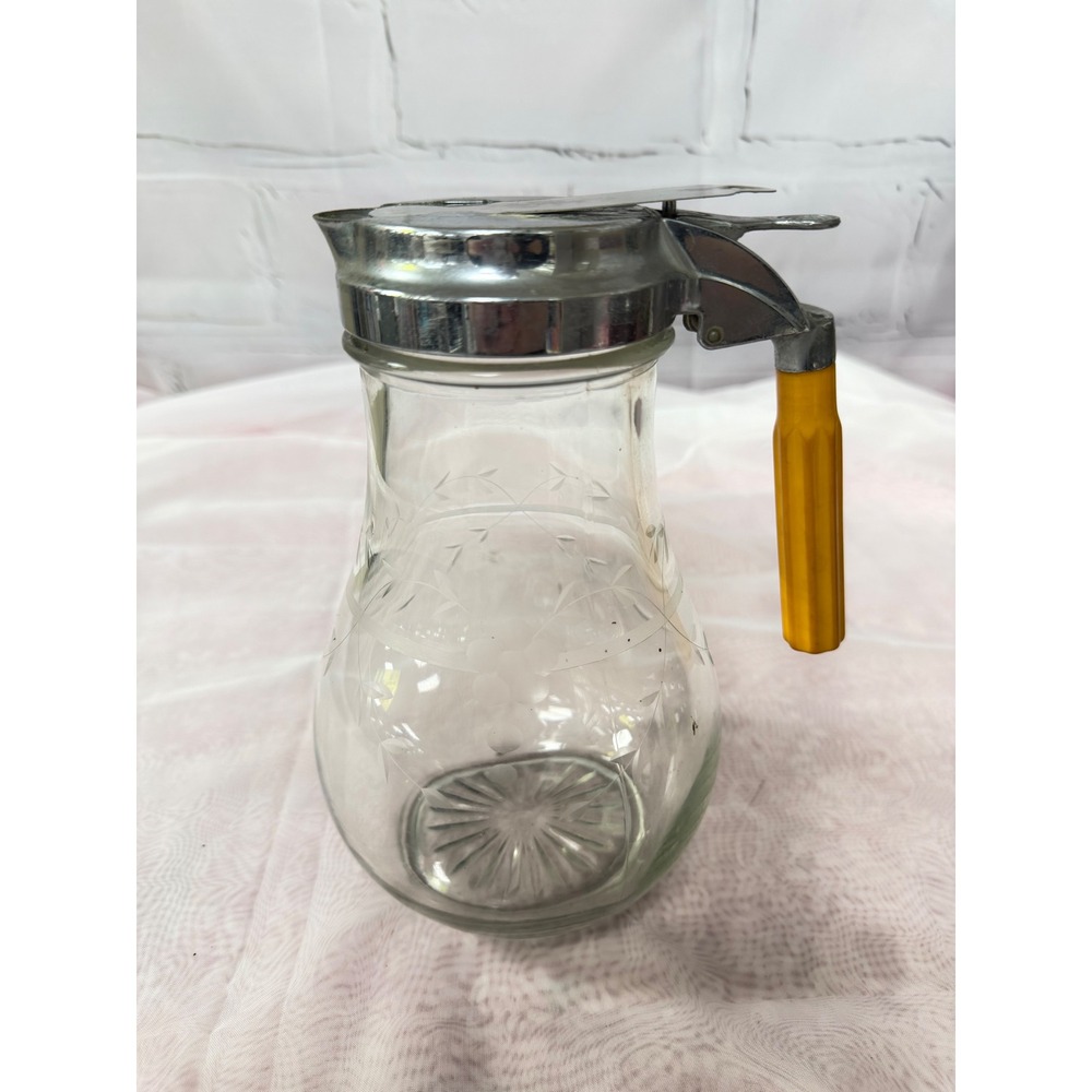 Vintage Etched Glass Syrup Dispenser Yellow Bakelite Handle Chrome Lid Grapes